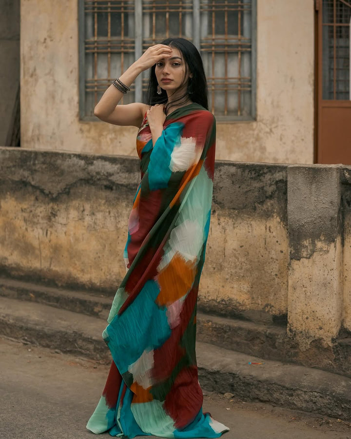 Boho Abstract Multicolor Georgette Saree with Artistic Brushstroke Print & Blouse Fabric