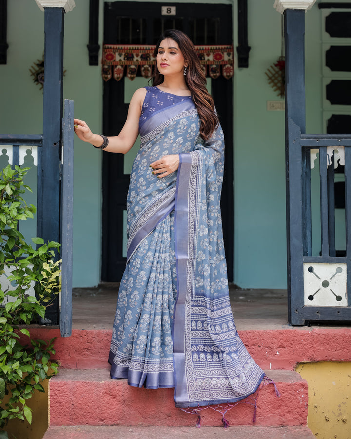 Elegant Blue Pure Cotton Linen Saree with Floral Pattern Blouse and Tassels on Edges LINEN H 121130