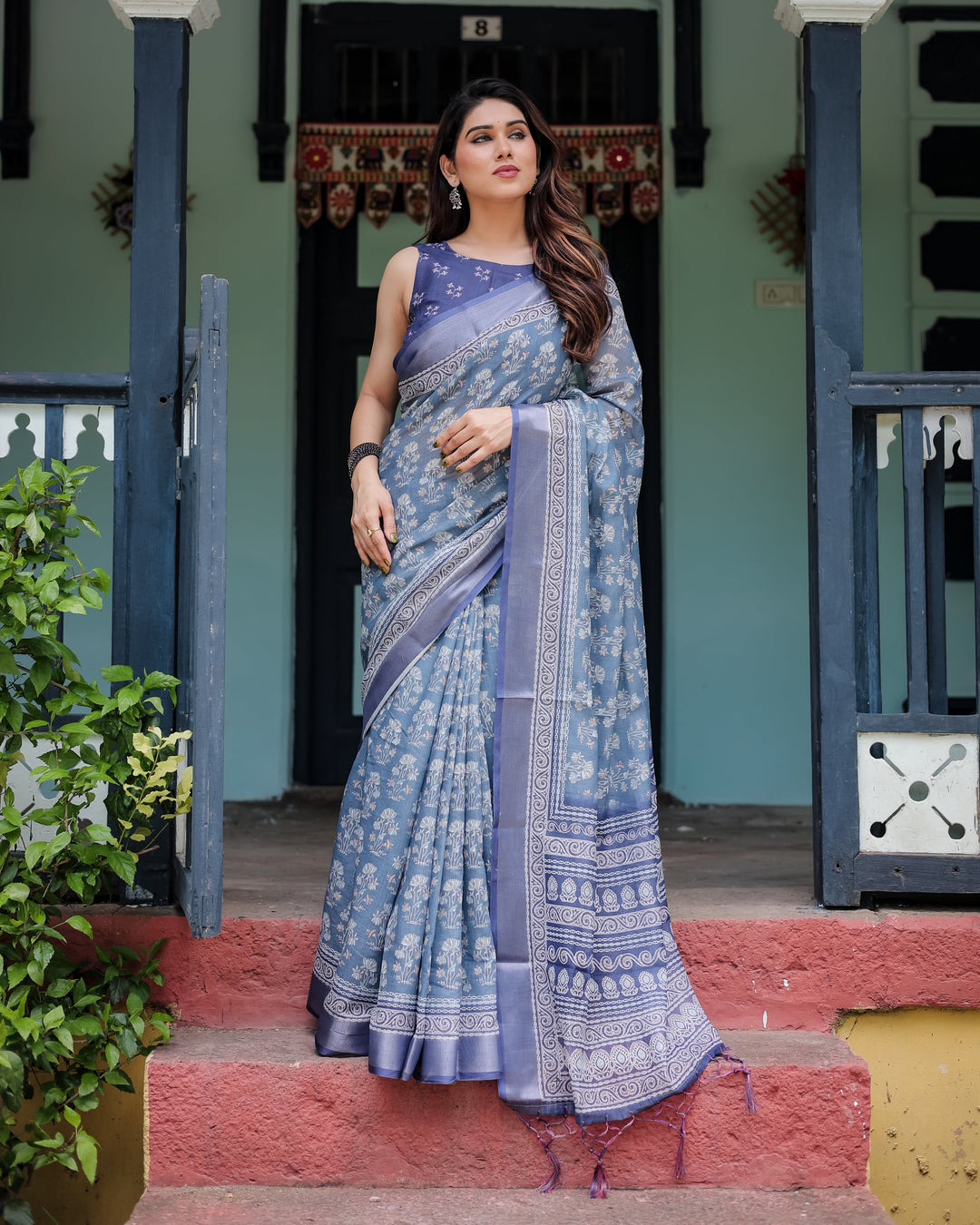 Elegant Blue Pure Cotton Linen Saree with Floral Pattern Blouse and Tassels on Edges LINEN H 121130