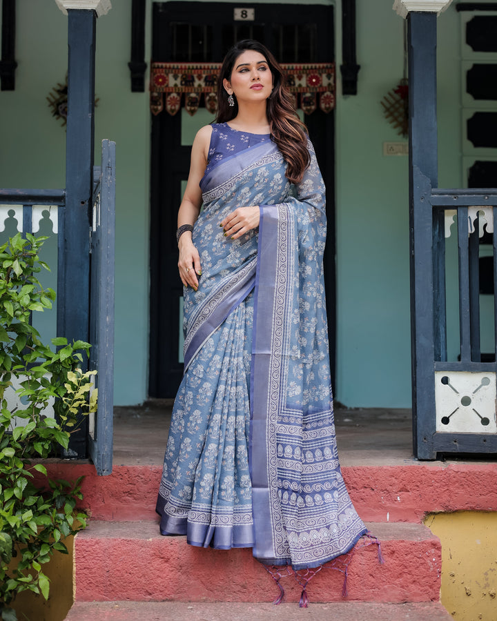 Elegant Blue Pure Cotton Linen Saree with Floral Pattern Blouse and Tassels on Edges LINEN H 121130