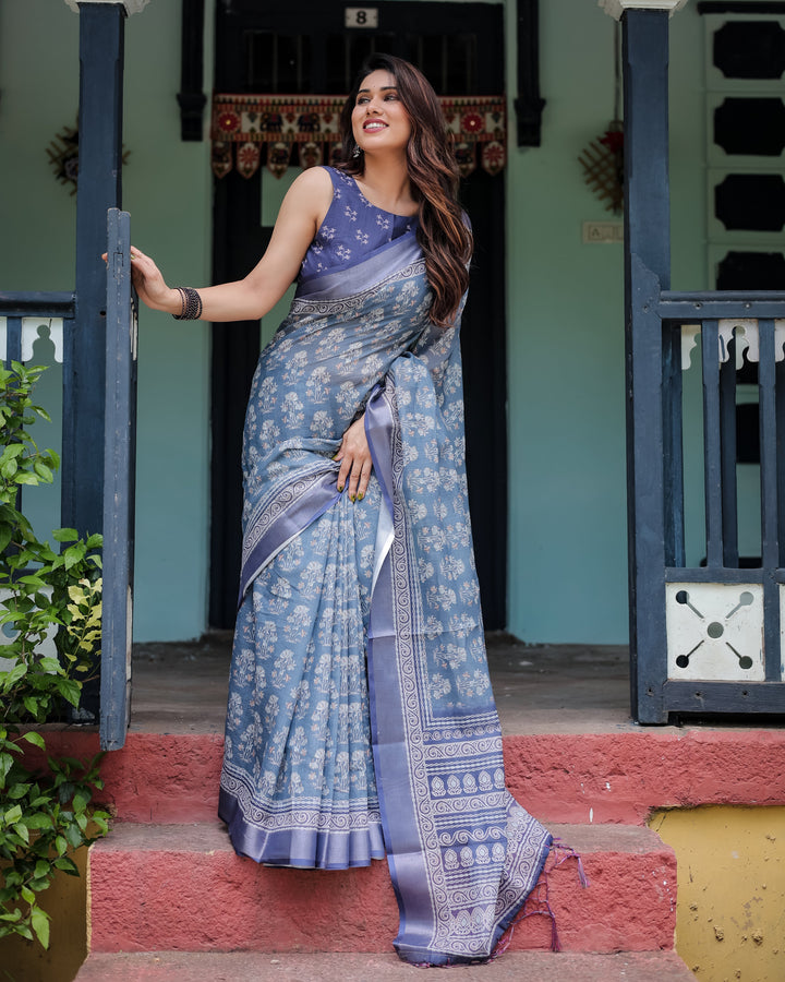 Elegant Blue Pure Cotton Linen Saree with Floral Pattern Blouse and Tassels on Edges LINEN H 121130