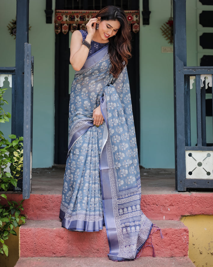 Elegant Blue Pure Cotton Linen Saree with Floral Pattern Blouse and Tassels on Edges LINEN H 121130