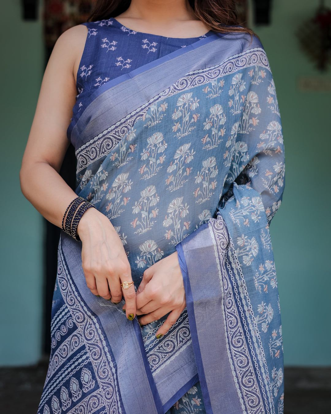 Elegant Blue Pure Cotton Linen Saree with Floral Pattern Blouse and Tassels on Edges LINEN H 121130