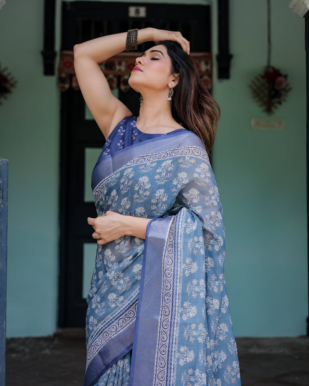 Elegant Blue Pure Cotton Linen Saree with Floral Pattern Blouse and Tassels on Edges LINEN H 121130