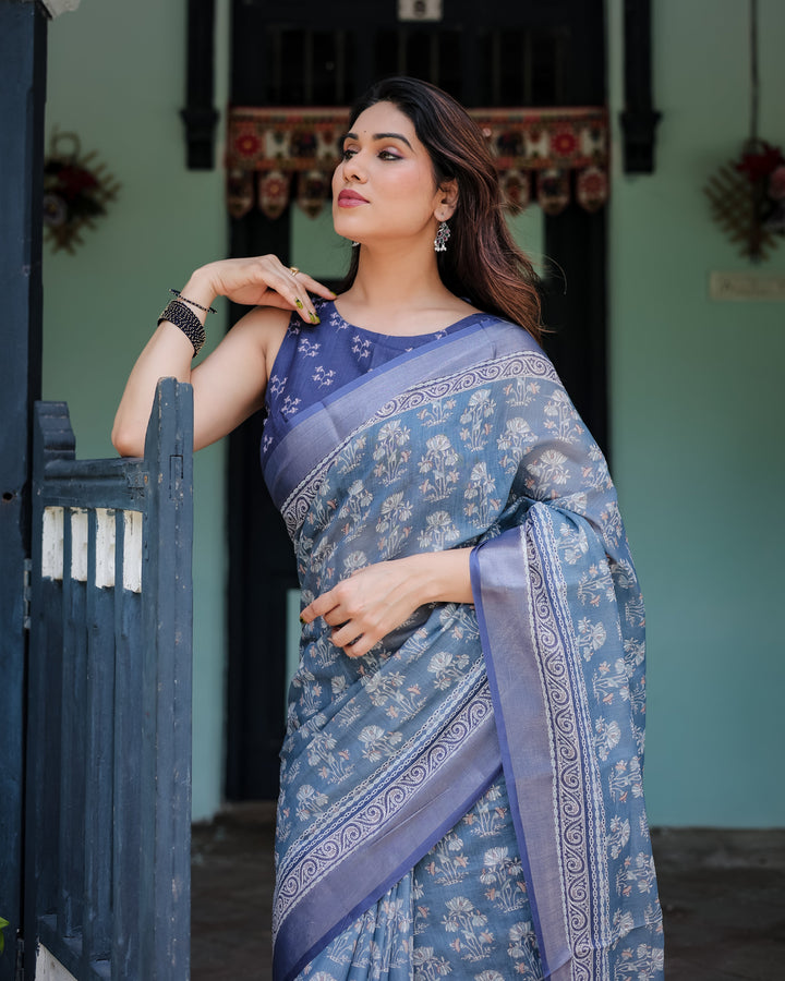 Elegant Blue Pure Cotton Linen Saree with Floral Pattern Blouse and Tassels on Edges LINEN H 121130