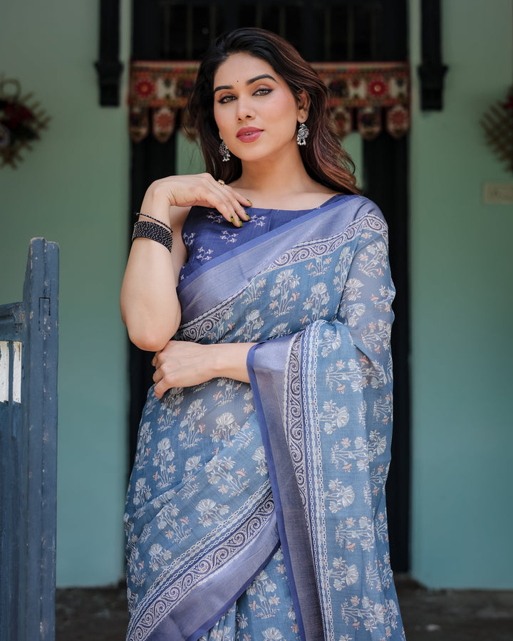 Elegant Blue Pure Cotton Linen Saree with Floral Pattern Blouse and Tassels on Edges LINEN H 121130