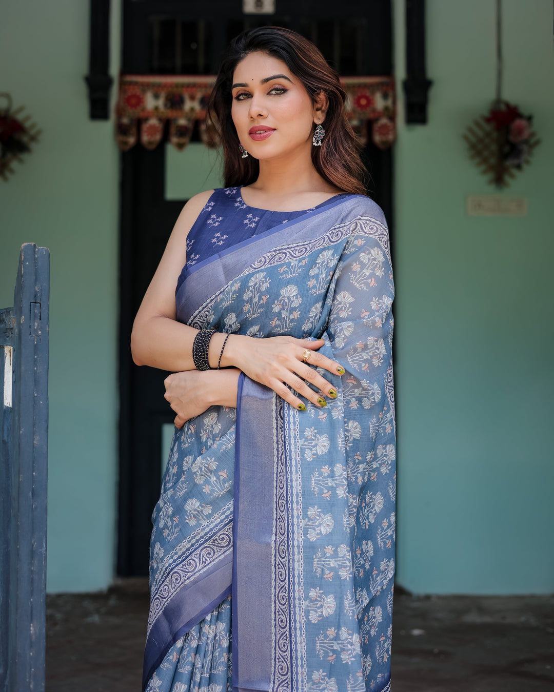 Elegant Blue Pure Cotton Linen Saree with Floral Pattern Blouse and Tassels on Edges LINEN H 121130