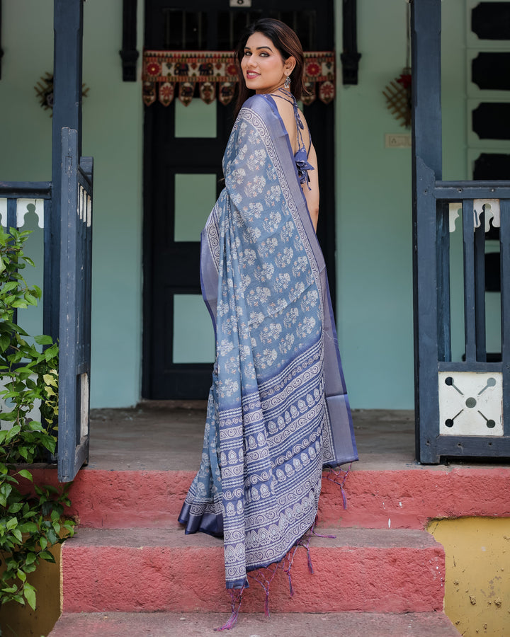 Elegant Blue Pure Cotton Linen Saree with Floral Pattern Blouse and Tassels on Edges LINEN H 121130