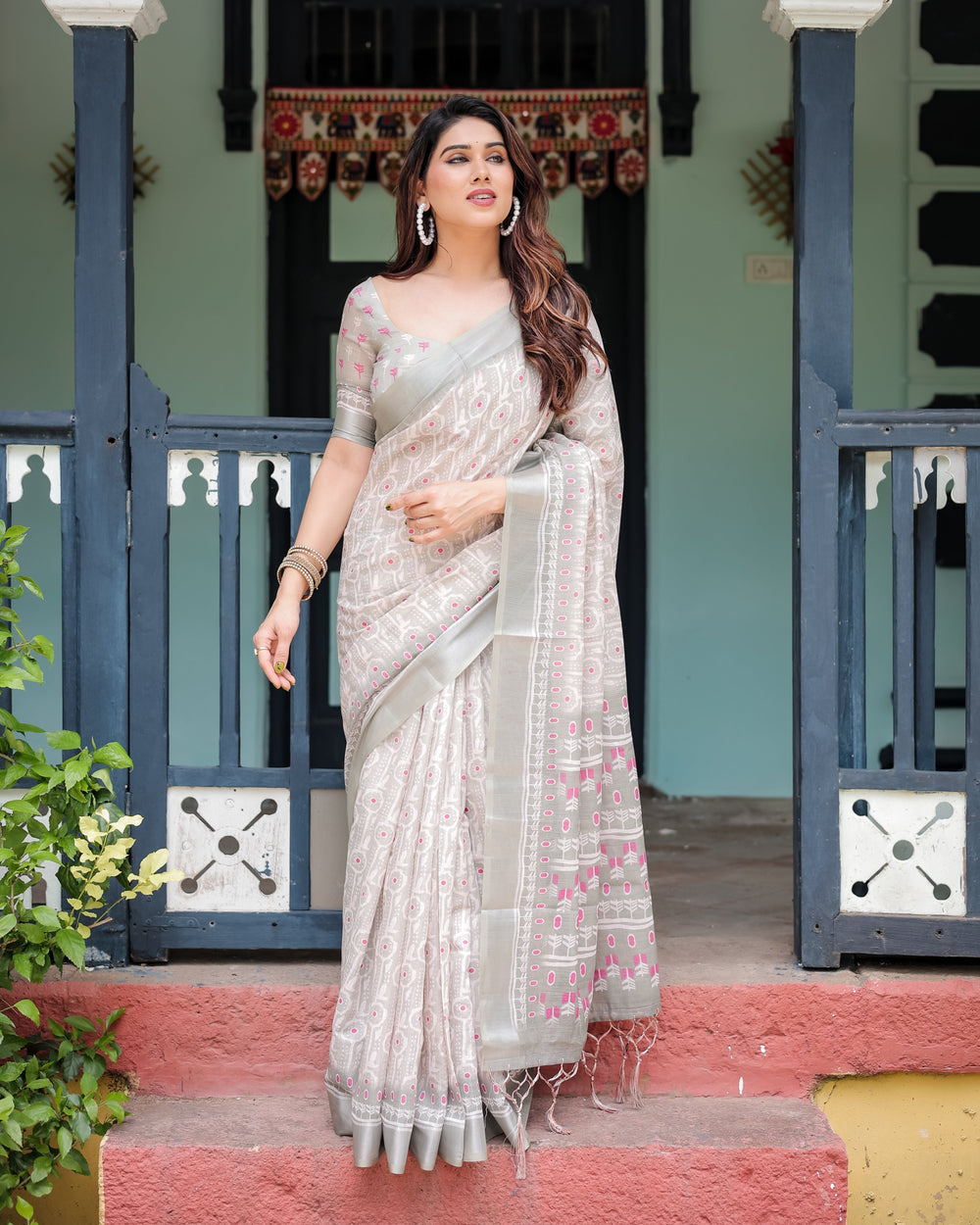 Soft Grey Pure Cotton Linen Saree with Pink and White Ikat Design Blouse and Tassel Detailing LINEN H 111120