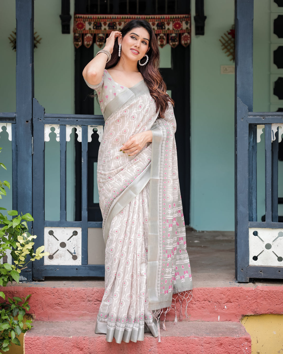 Soft Grey Pure Cotton Linen Saree with Pink and White Ikat Design Blouse and Tassel Detailing LINEN H 111120