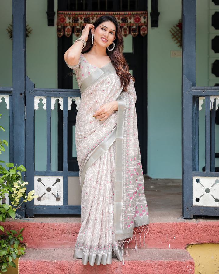 Soft Grey Pure Cotton Linen Saree with Pink and White Ikat Design Blouse and Tassel Detailing LINEN H 111120
