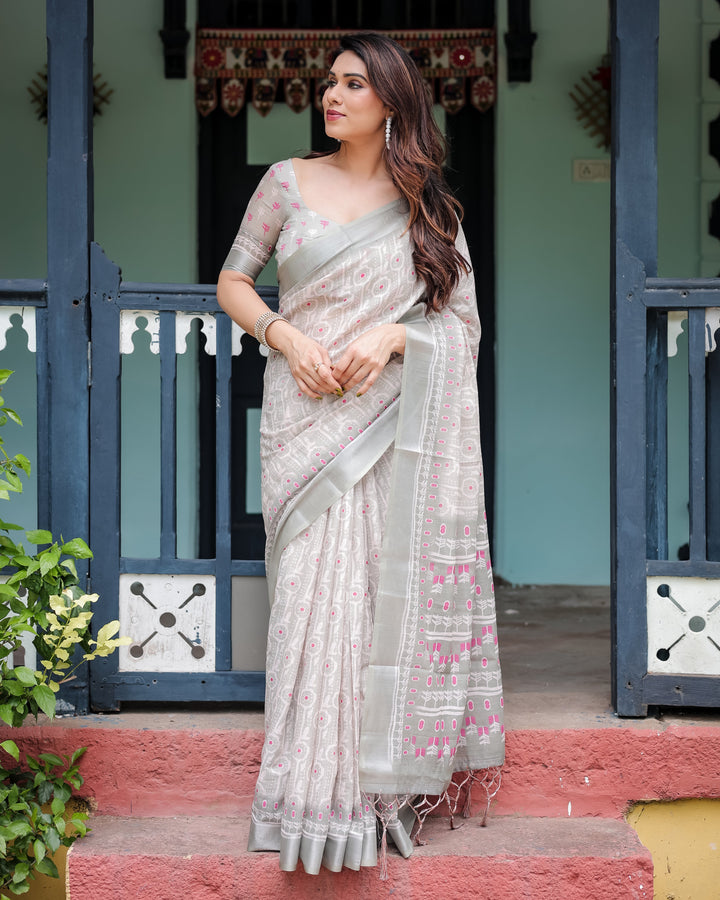 Soft Grey Pure Cotton Linen Saree with Pink and White Ikat Design Blouse and Tassel Detailing LINEN H 111120