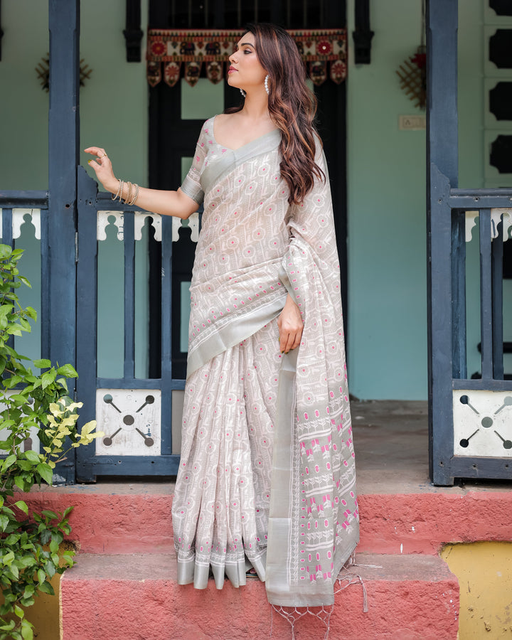 Soft Grey Pure Cotton Linen Saree with Pink and White Ikat Design Blouse and Tassel Detailing LINEN H 111120