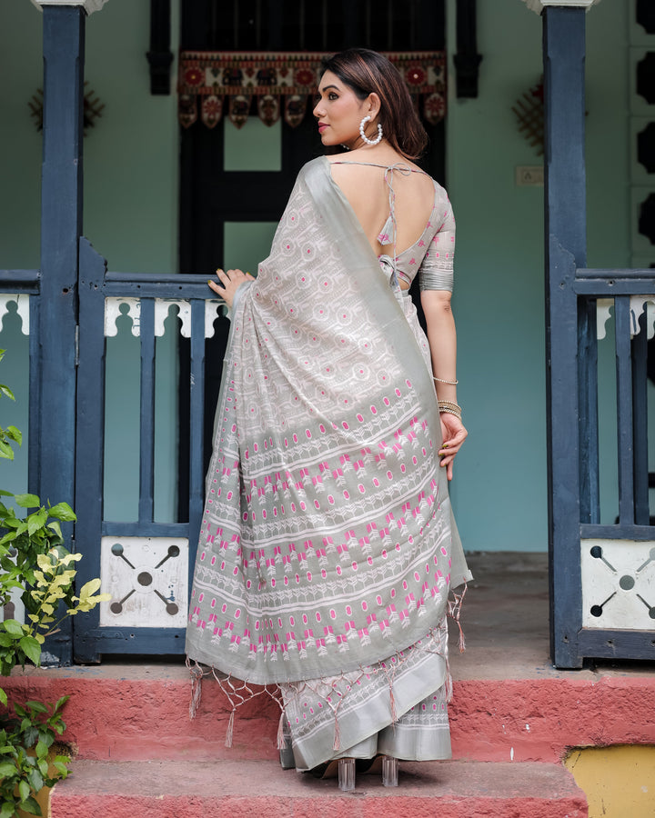 Soft Grey Pure Cotton Linen Saree with Pink and White Ikat Design Blouse and Tassel Detailing LINEN H 111120