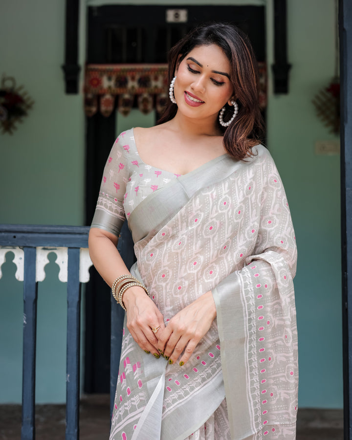 Soft Grey Pure Cotton Linen Saree with Pink and White Ikat Design Blouse and Tassel Detailing LINEN H 111120