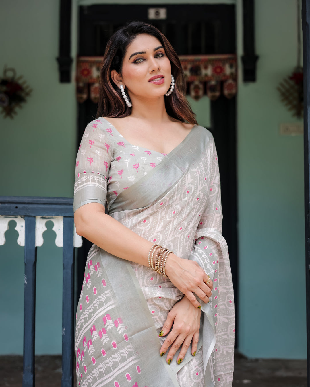 Soft Grey Pure Cotton Linen Saree with Pink and White Ikat Design Blouse and Tassel Detailing LINEN H 111120