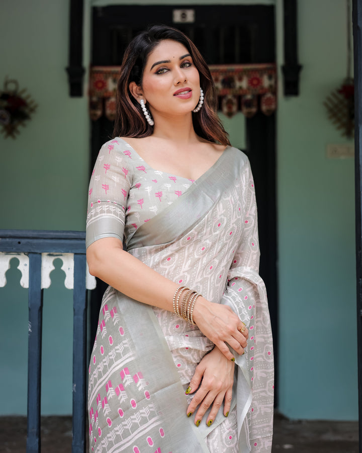 Soft Grey Pure Cotton Linen Saree with Pink and White Ikat Design Blouse and Tassel Detailing LINEN H 111120