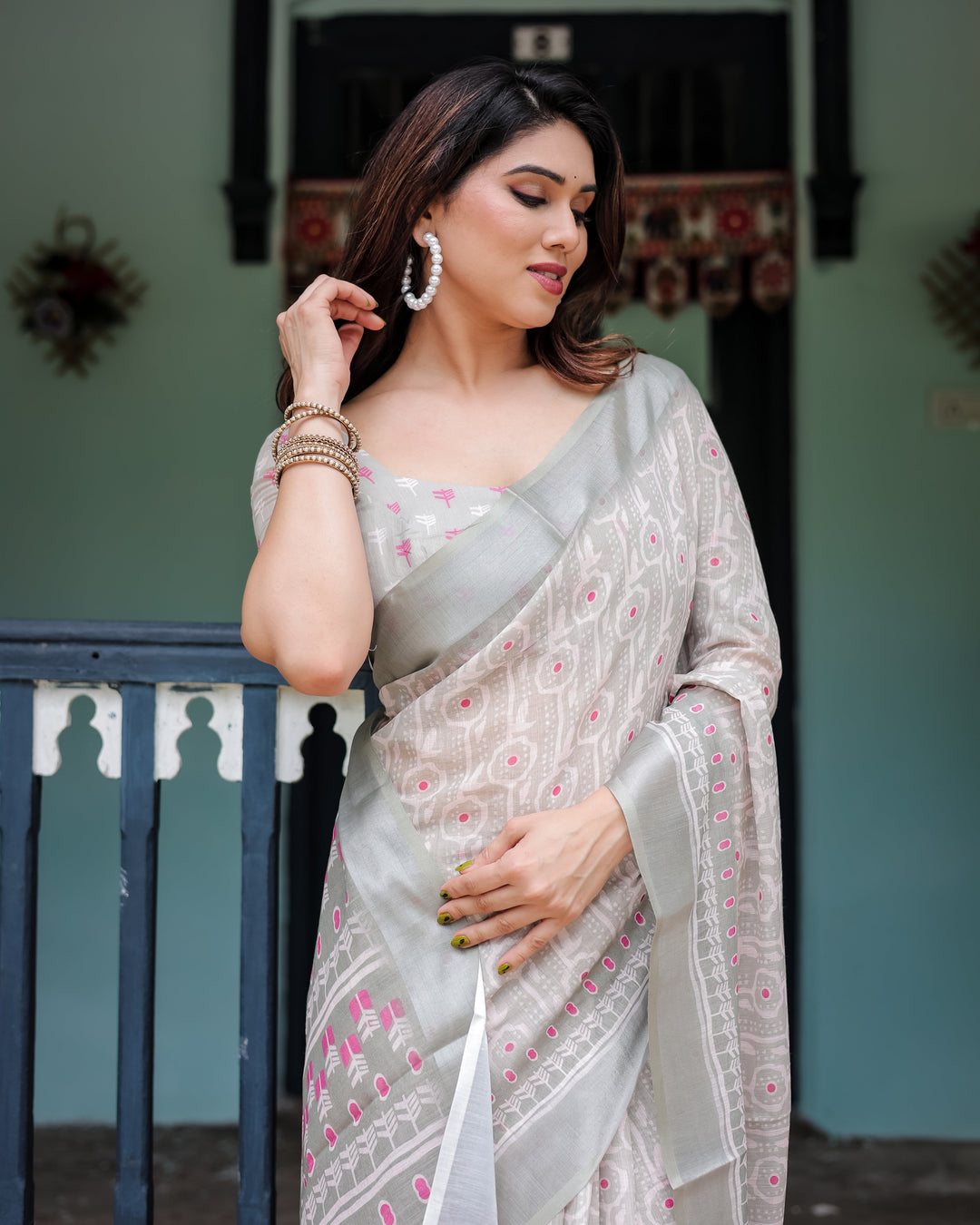 Soft Grey Pure Cotton Linen Saree with Pink and White Ikat Design Blouse and Tassel Detailing LINEN H 111120
