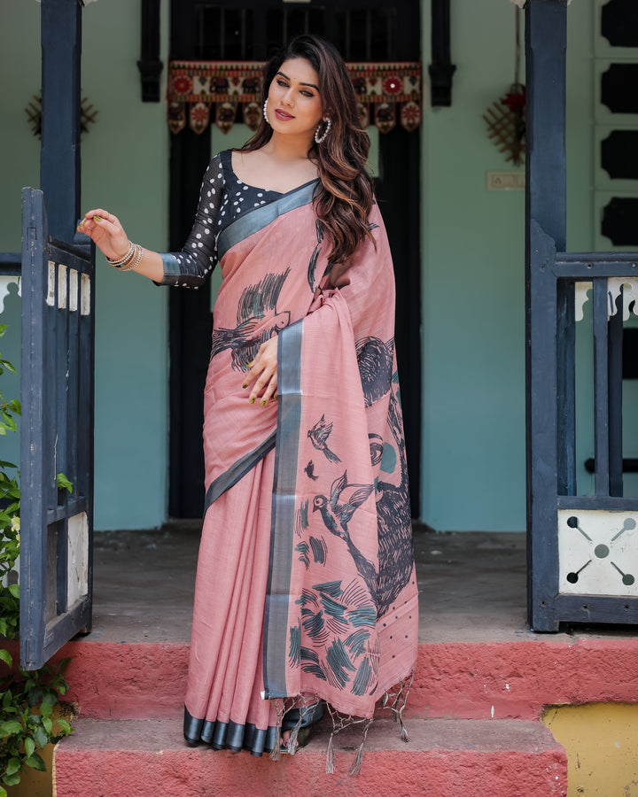 Blush Pink Pure Cotton Linen Saree with Contrast Polka Dot Blouse and Tassel Detailing LINEN H 101110