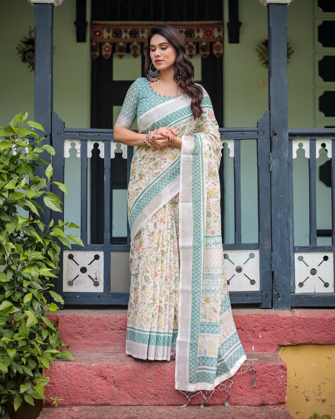Elegant Floral Printed Pure Cotton Linen Saree in Ivory with Teal Border and Blouse Tassels on Edges LINEN H 121130
