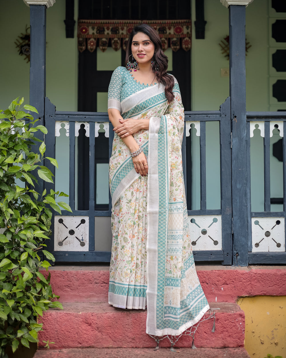 Elegant Floral Printed Pure Cotton Linen Saree in Ivory with Teal Border and Blouse Tassels on Edges LINEN H 121130