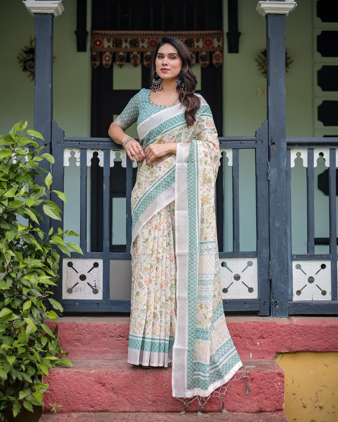 Elegant Floral Printed Pure Cotton Linen Saree in Ivory with Teal Border and Blouse Tassels on Edges LINEN H 121130