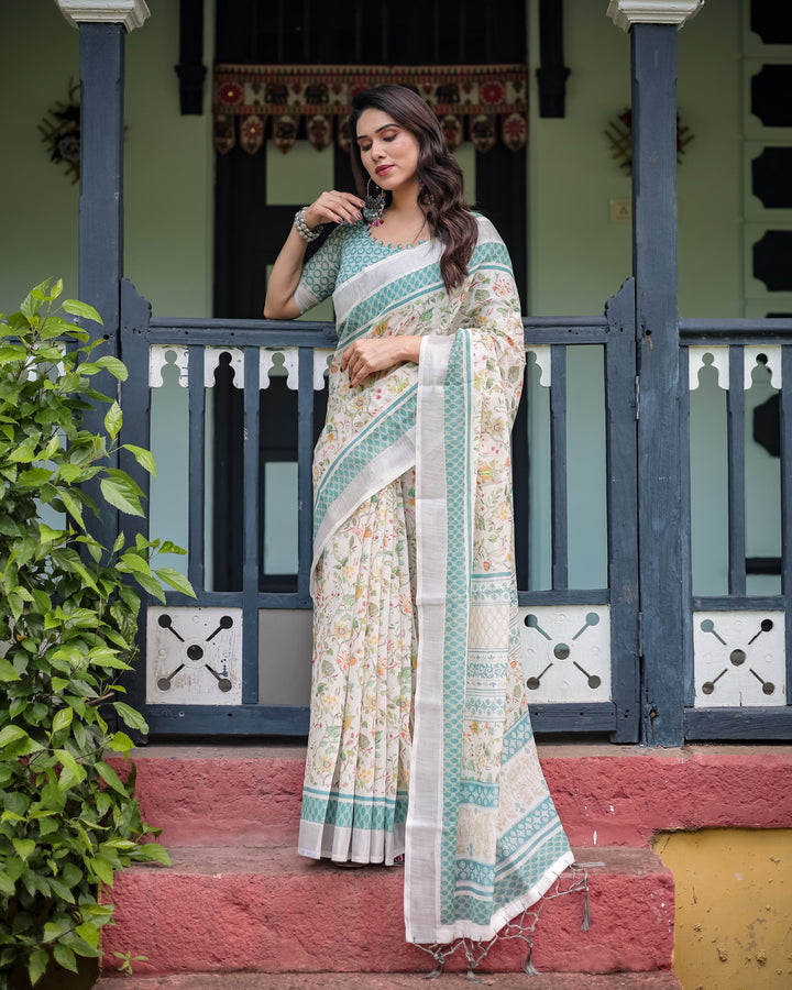 Elegant Floral Printed Pure Cotton Linen Saree in Ivory with Teal Border and Blouse Tassels on Edges LINEN H 121130