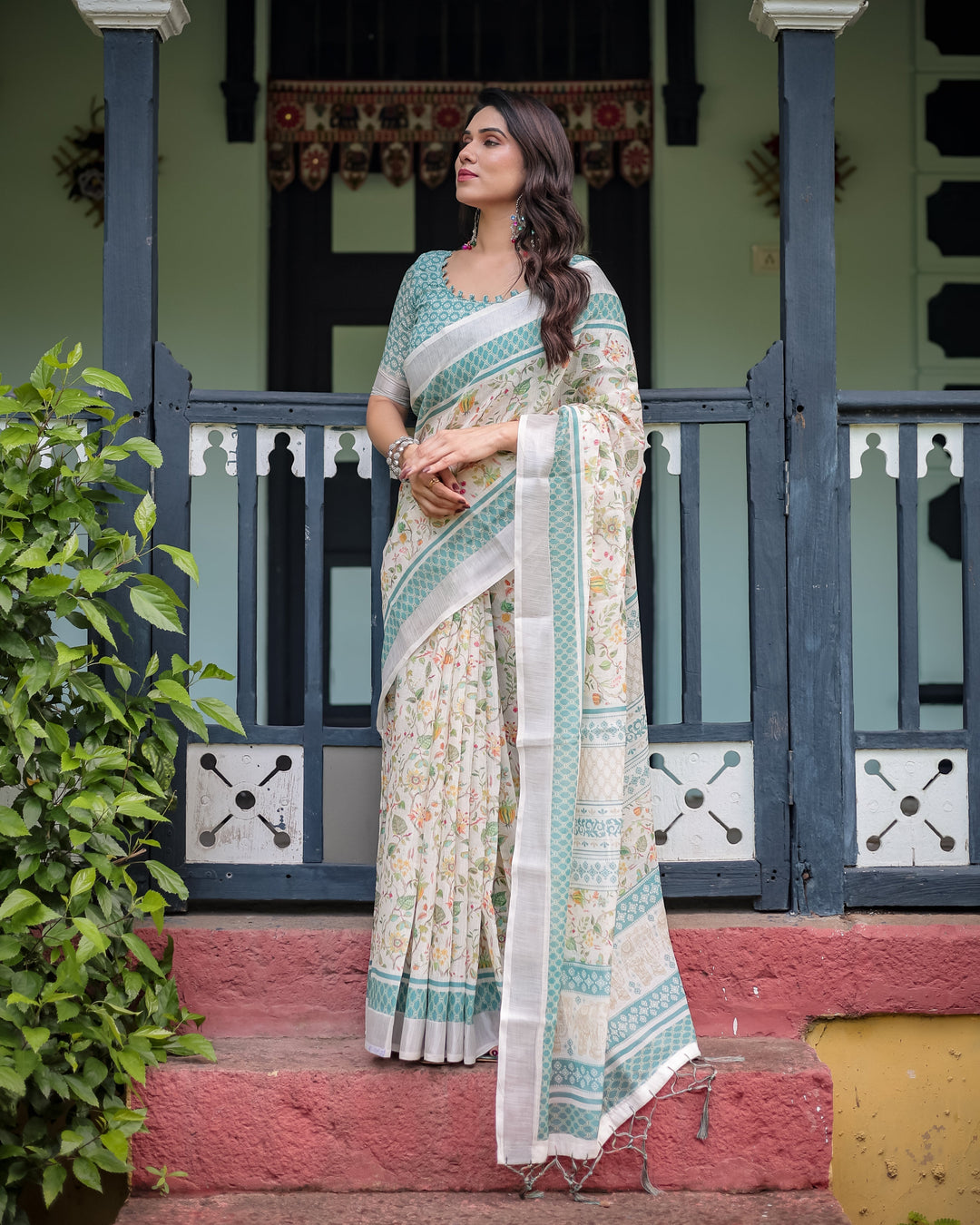 Elegant Floral Printed Pure Cotton Linen Saree in Ivory with Teal Border and Blouse Tassels on Edges LINEN H 121130
