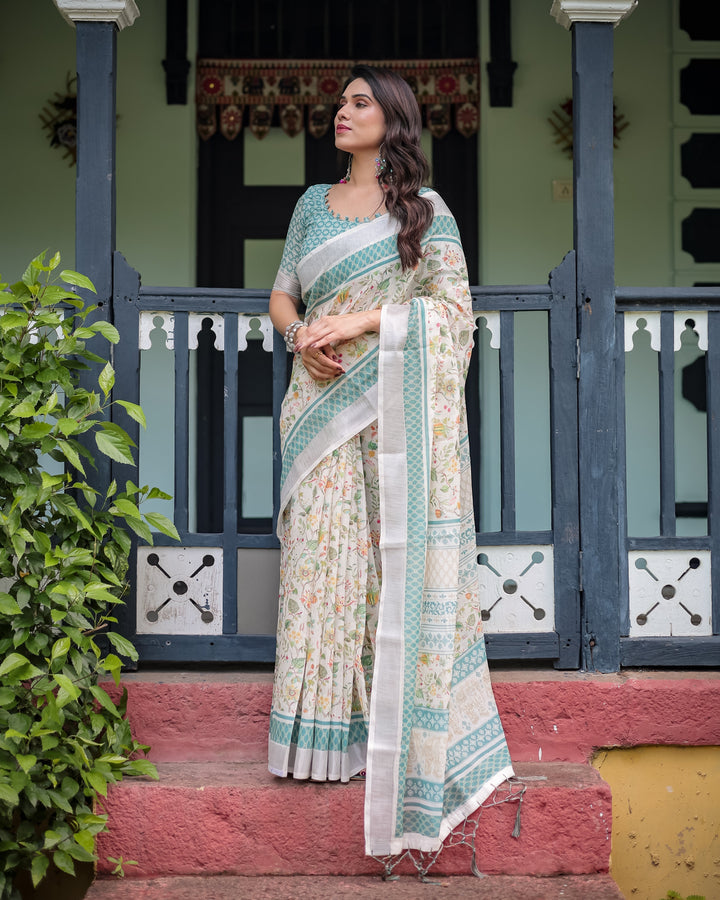 Elegant Floral Printed Pure Cotton Linen Saree in Ivory with Teal Border and Blouse Tassels on Edges LINEN H 121130