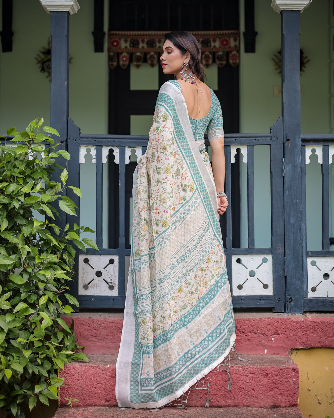 Elegant Floral Printed Pure Cotton Linen Saree in Ivory with Teal Border and Blouse Tassels on Edges LINEN H 121130
