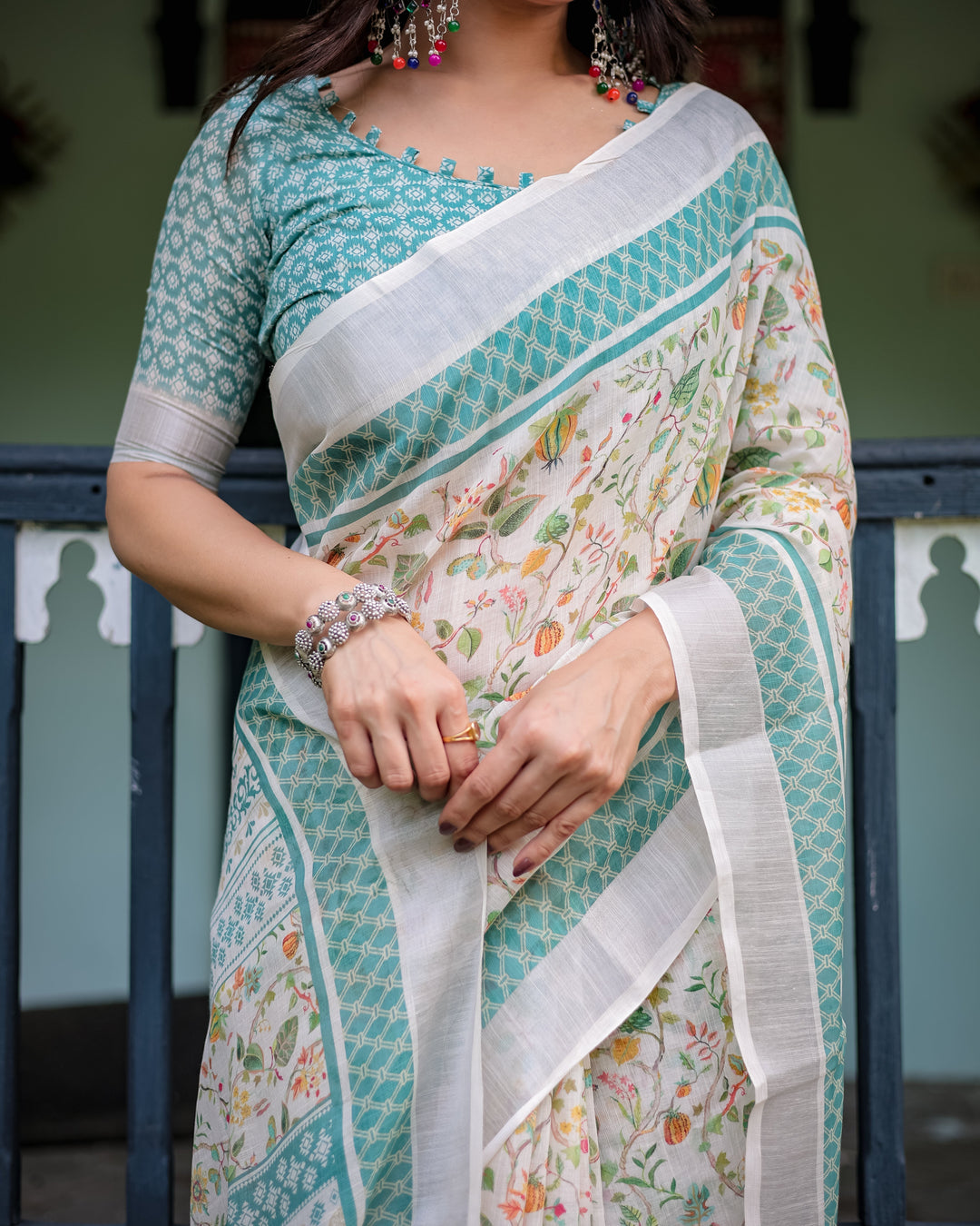 Elegant Floral Printed Pure Cotton Linen Saree in Ivory with Teal Border and Blouse Tassels on Edges LINEN H 121130