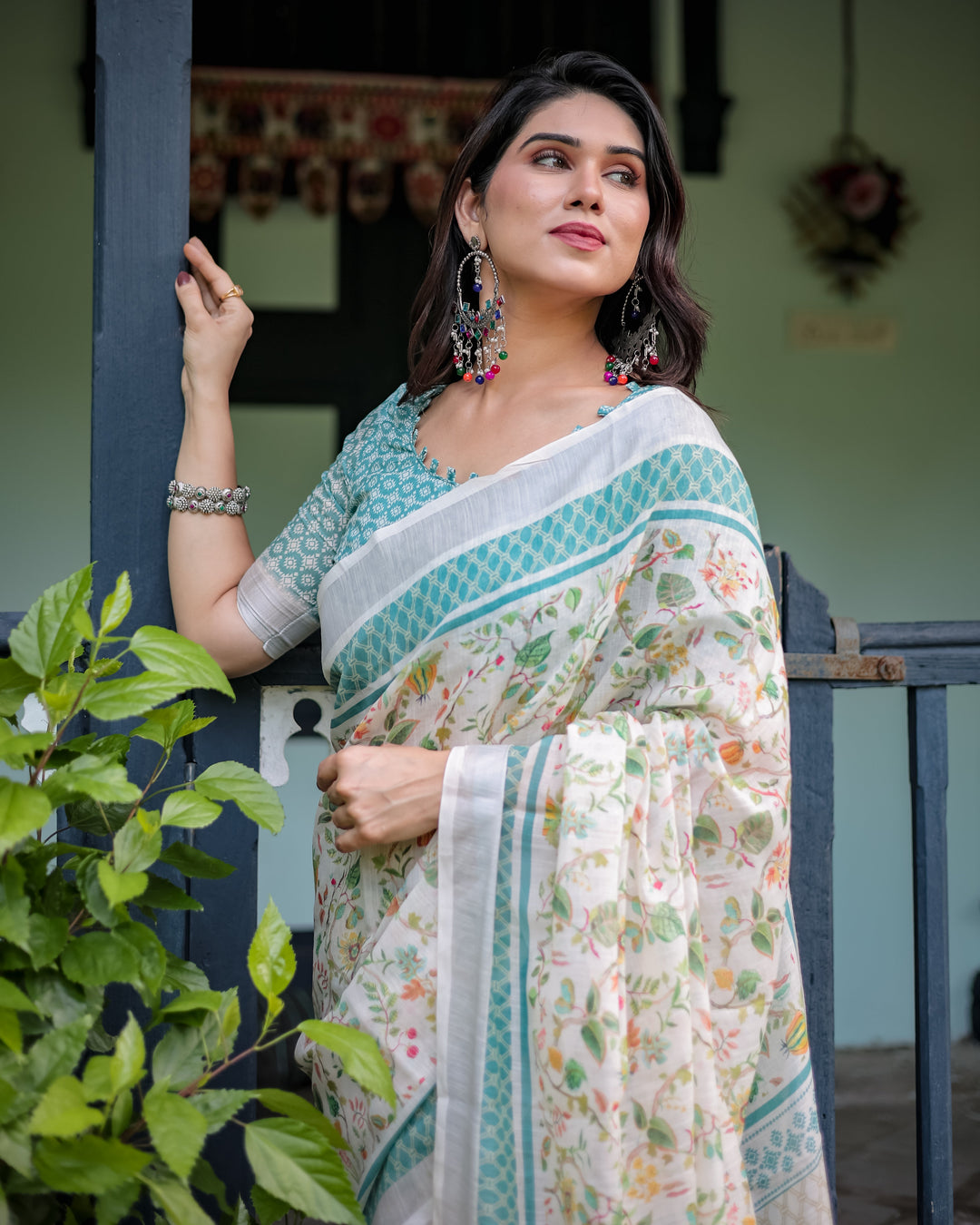 Elegant Floral Printed Pure Cotton Linen Saree in Ivory with Teal Border and Blouse Tassels on Edges LINEN H 121130