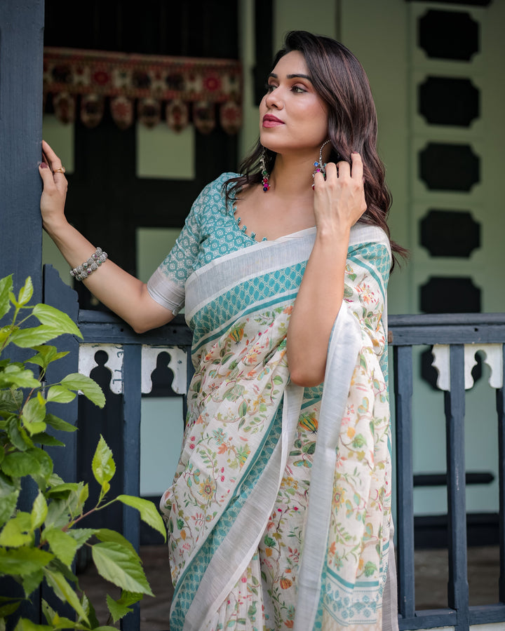 Elegant Floral Printed Pure Cotton Linen Saree in Ivory with Teal Border and Blouse Tassels on Edges LINEN H 121130