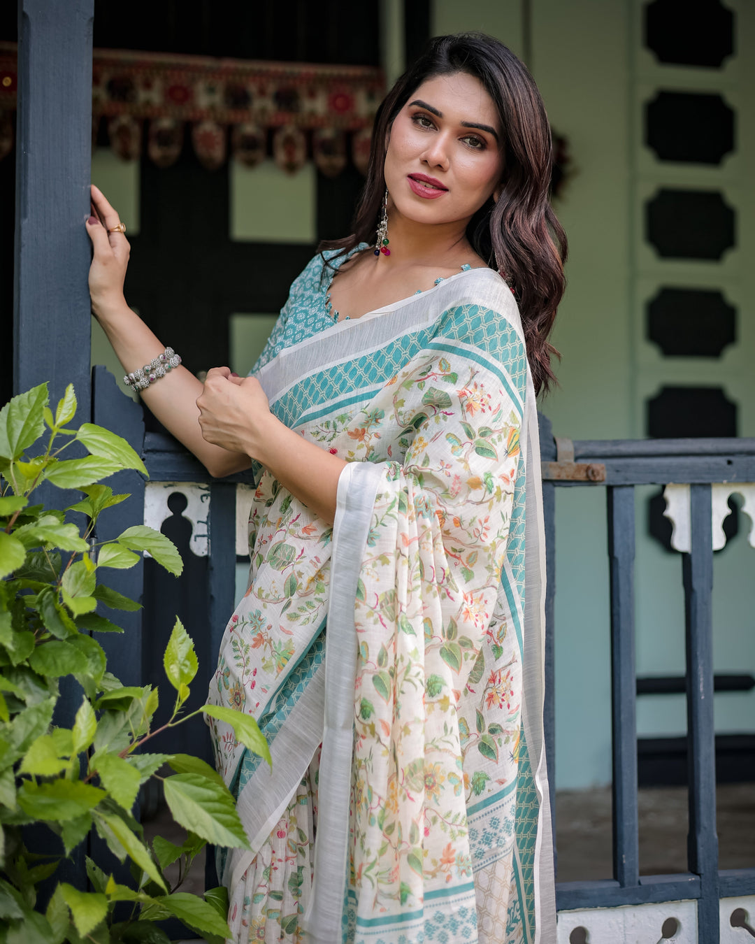 Elegant Floral Printed Pure Cotton Linen Saree in Ivory with Teal Border and Blouse Tassels on Edges LINEN H 121130
