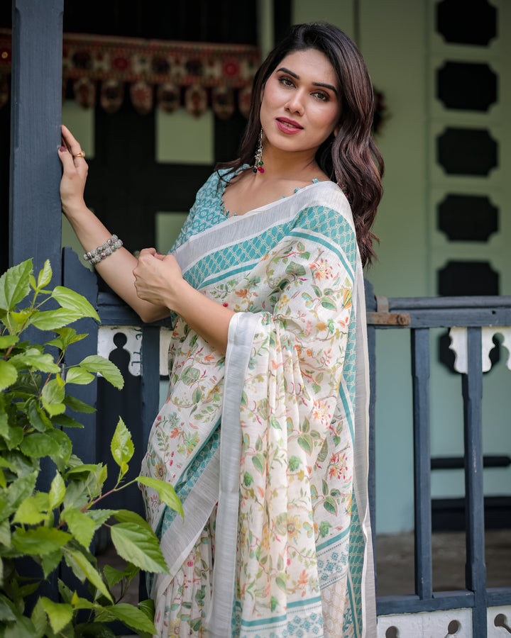 Elegant Floral Printed Pure Cotton Linen Saree in Ivory with Teal Border and Blouse Tassels on Edges LINEN H 121130