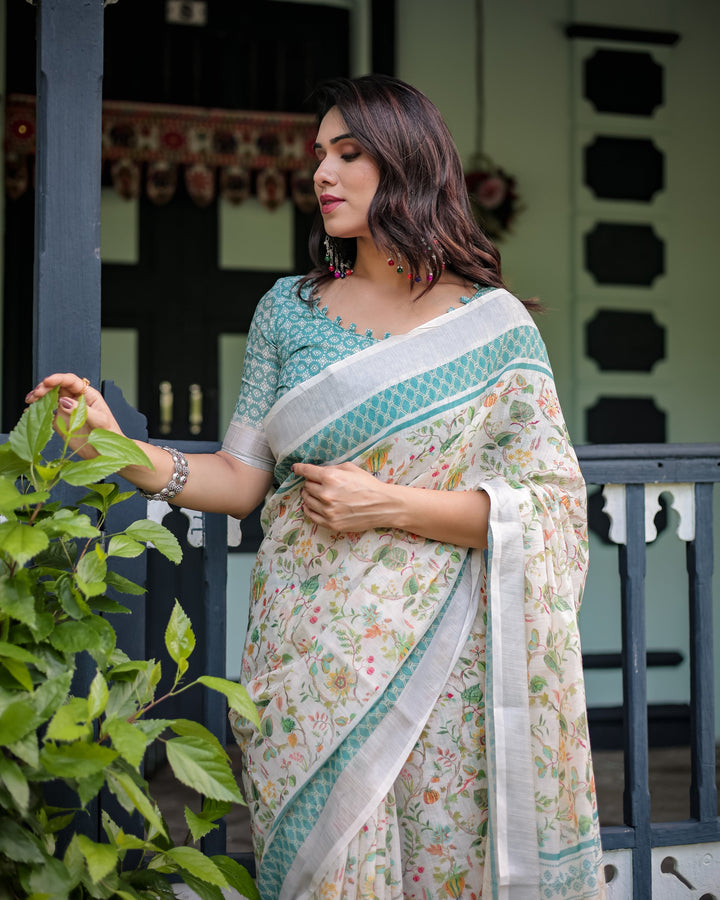 Elegant Floral Printed Pure Cotton Linen Saree in Ivory with Teal Border and Blouse Tassels on Edges LINEN H 121130