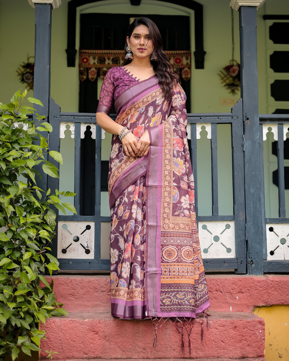 Purple Floral Printed Pure Cotton Linen Saree with Blouse and Tassels LINEN H 121130