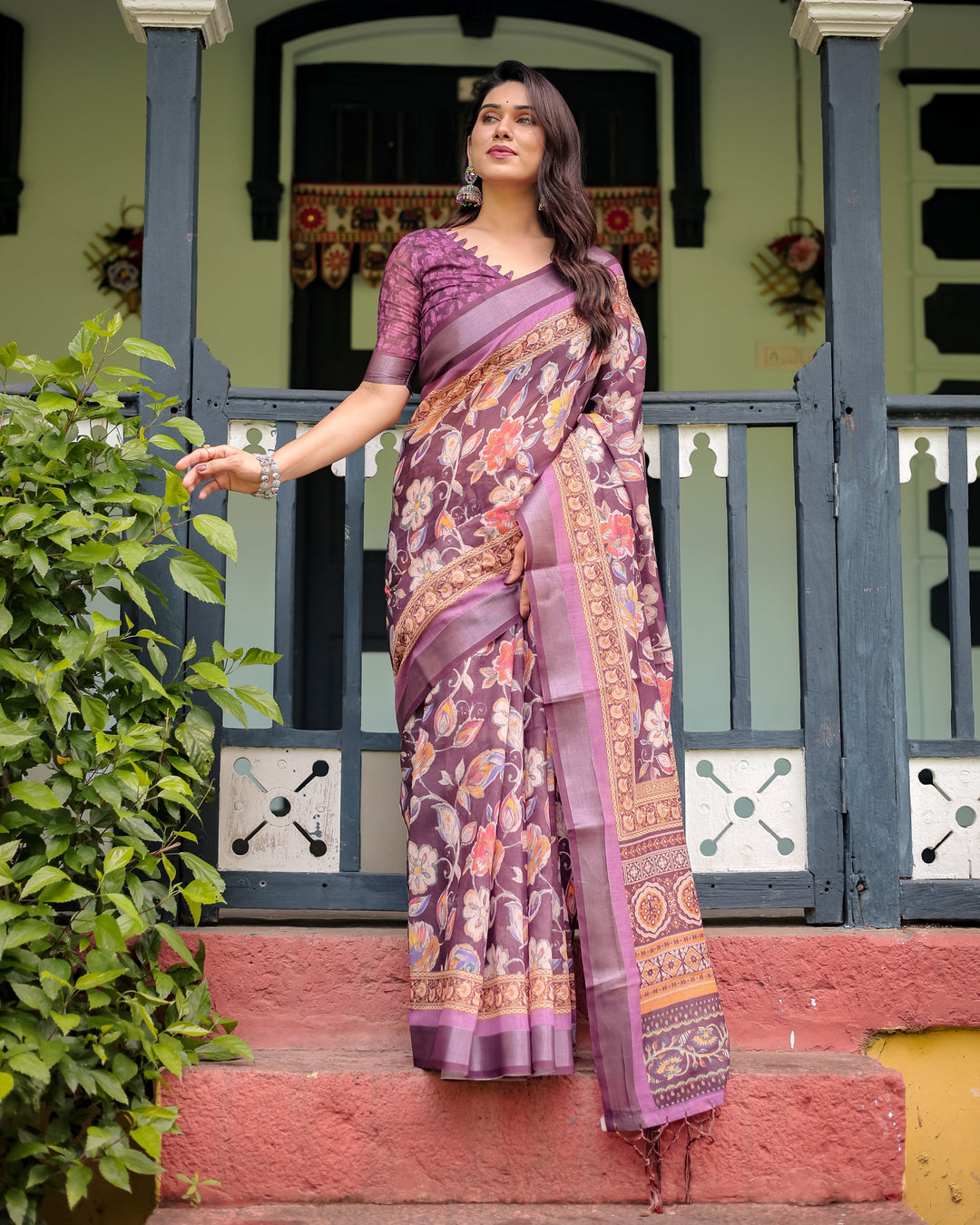 Purple Floral Printed Pure Cotton Linen Saree with Blouse and Tassels LINEN H 121130