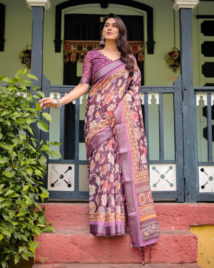 Purple Floral Printed Pure Cotton Linen Saree with Blouse and Tassels LINEN H 121130