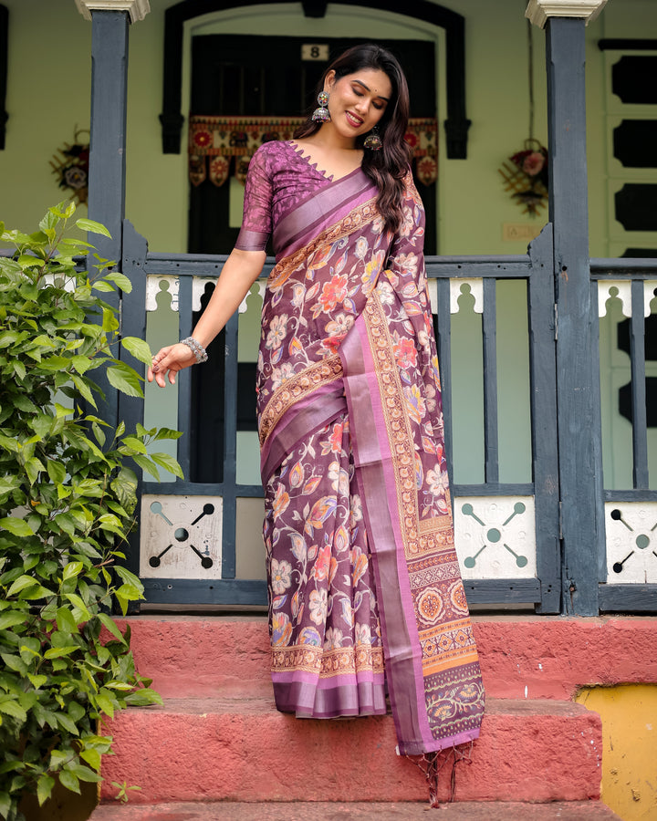 Purple Floral Printed Pure Cotton Linen Saree with Blouse and Tassels LINEN H 121130