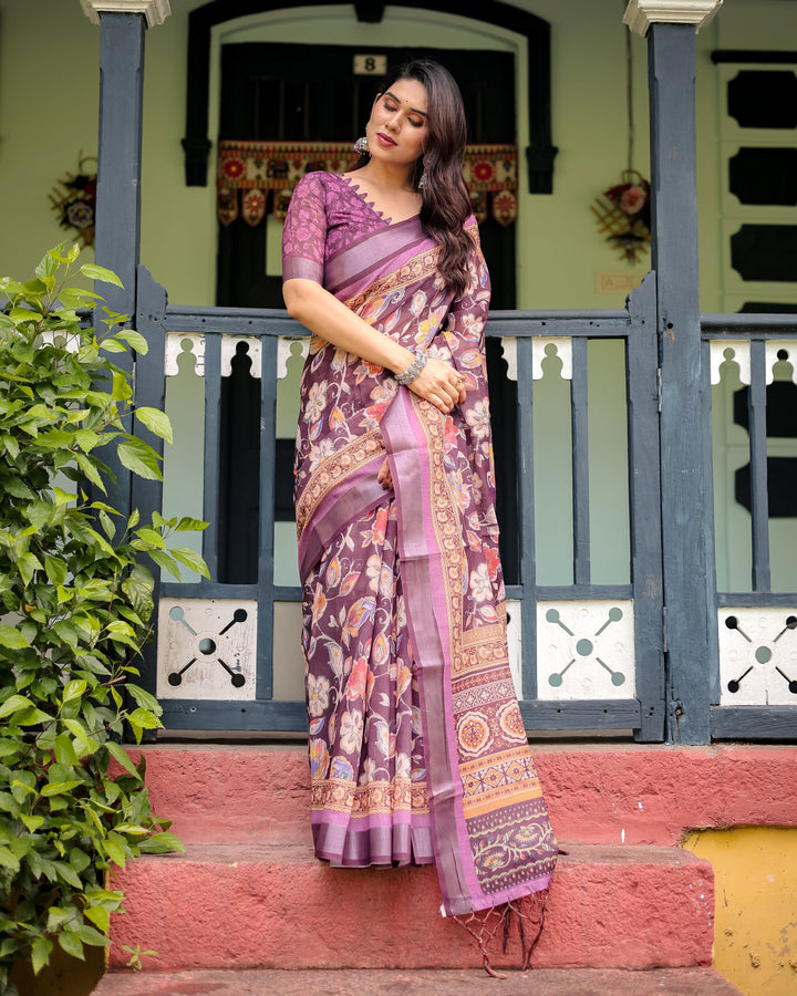 Purple Floral Printed Pure Cotton Linen Saree with Blouse and Tassels LINEN H 121130