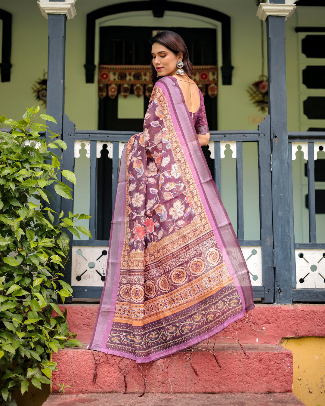 Purple Floral Printed Pure Cotton Linen Saree with Blouse and Tassels LINEN H 121130