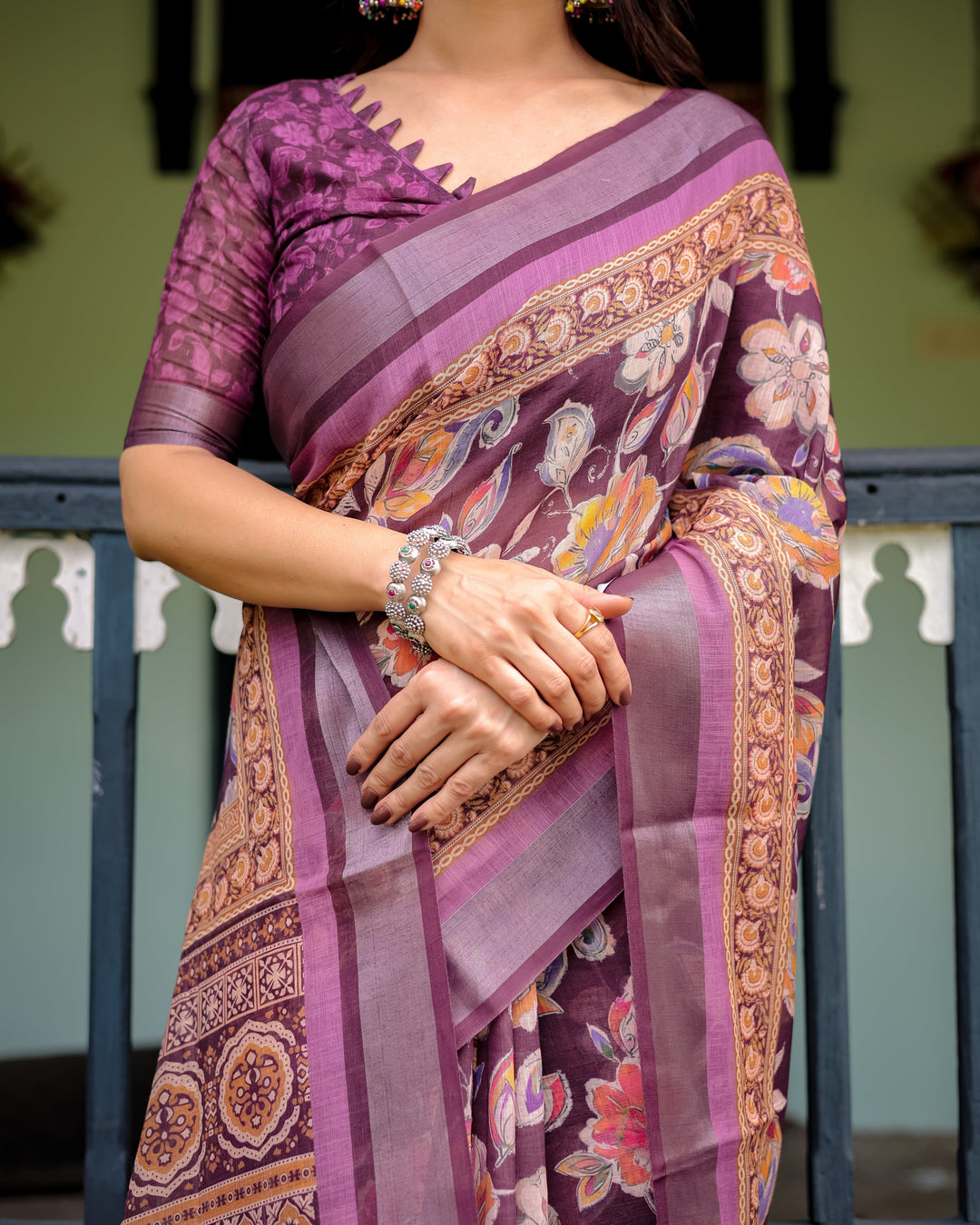 Purple Floral Printed Pure Cotton Linen Saree with Blouse and Tassels LINEN H 121130