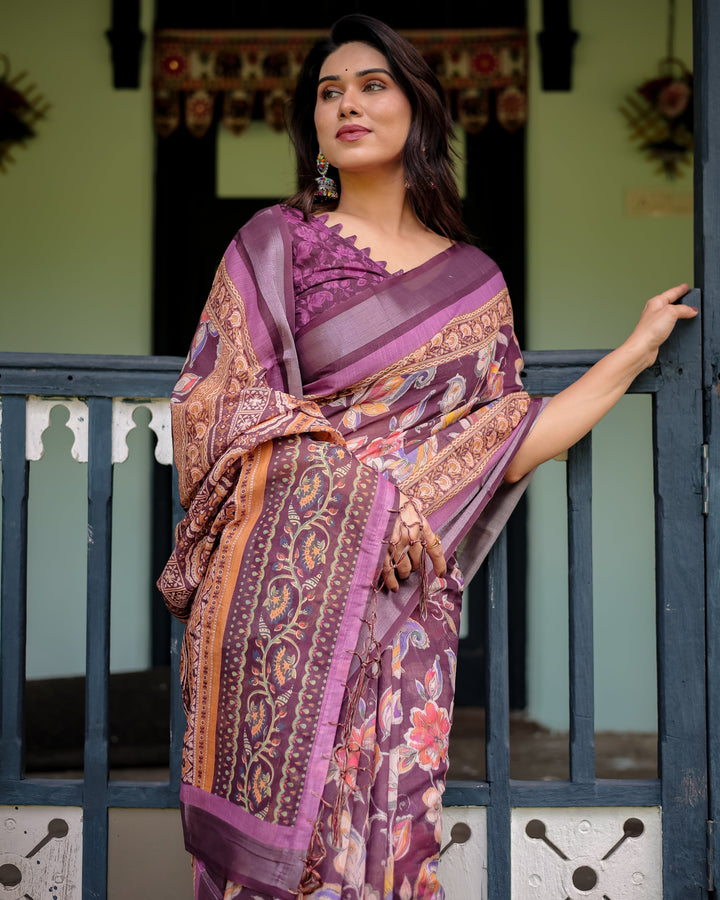 Purple Floral Printed Pure Cotton Linen Saree with Blouse and Tassels LINEN H 121130