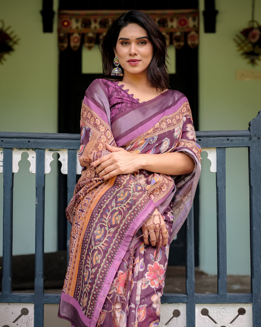 Purple Floral Printed Pure Cotton Linen Saree with Blouse and Tassels LINEN H 121130