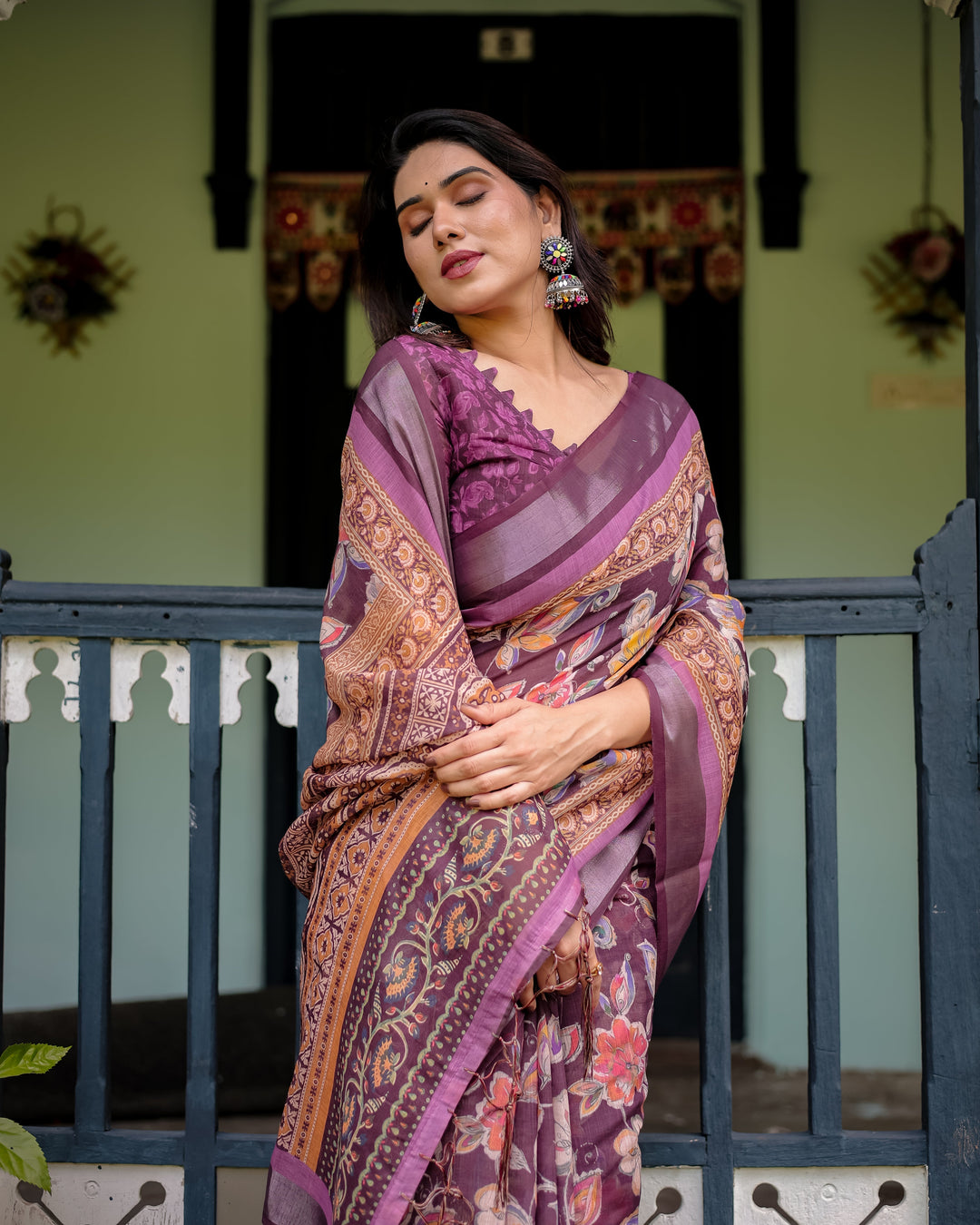 Purple Floral Printed Pure Cotton Linen Saree with Blouse and Tassels LINEN H 121130