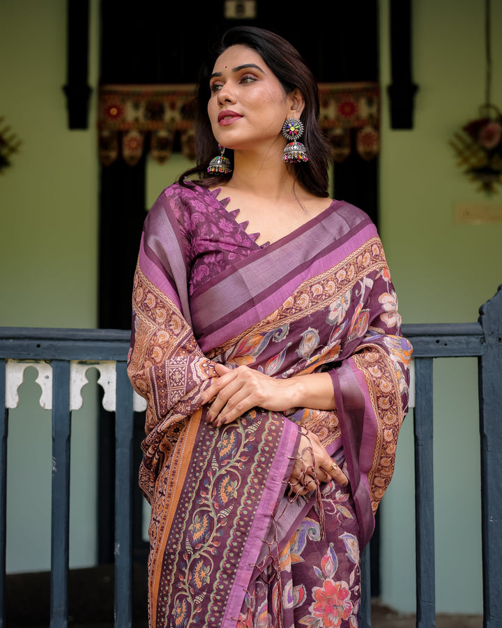 Purple Floral Printed Pure Cotton Linen Saree with Blouse and Tassels LINEN H 121130