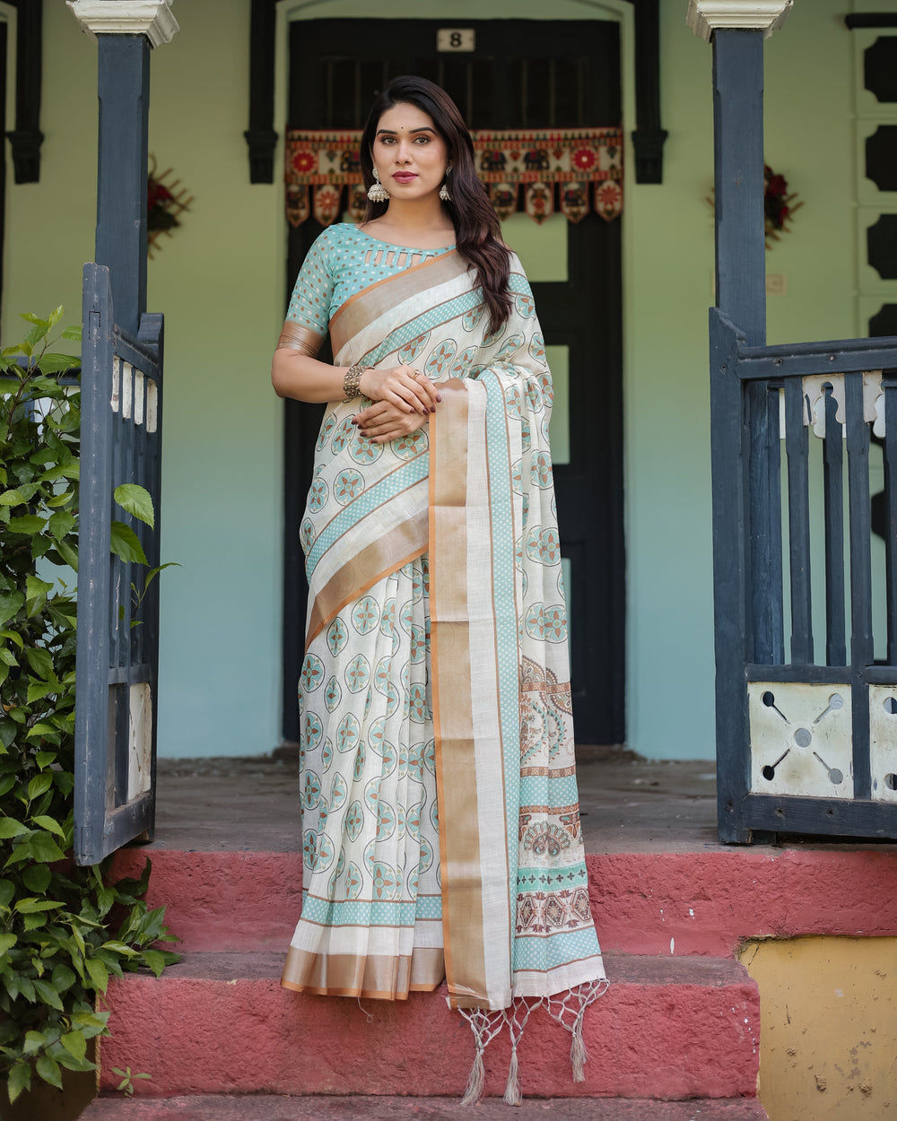 Beige With Aqua Pure Cotton Linen Saree with Geometric Floral Design and Tassels on Edges LINEN H 131140