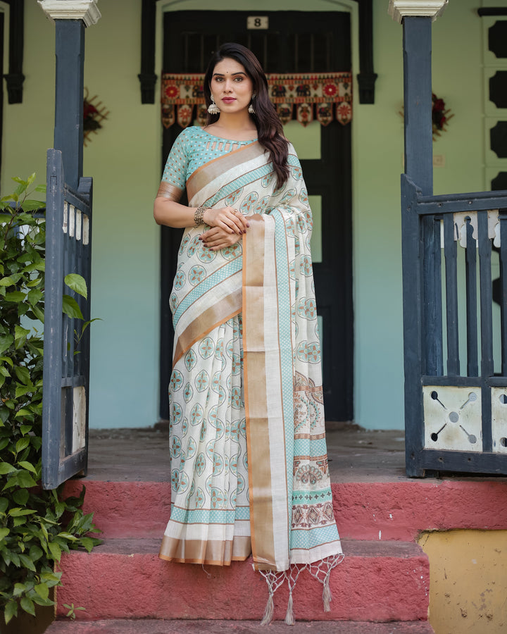 Beige With Aqua Pure Cotton Linen Saree with Geometric Floral Design and Tassels on Edges LINEN H 131140