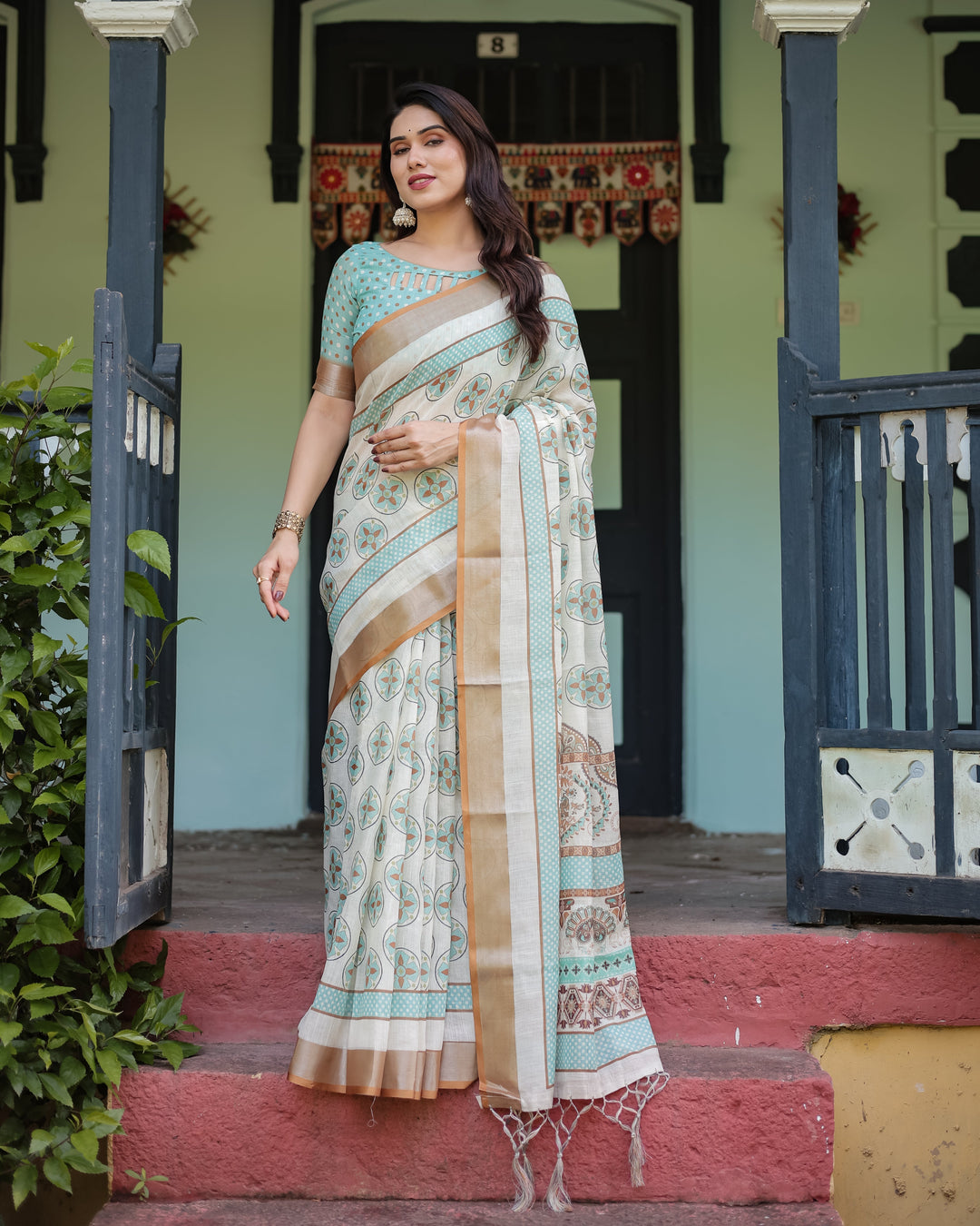 Beige With Aqua Pure Cotton Linen Saree with Geometric Floral Design and Tassels on Edges LINEN H 131140